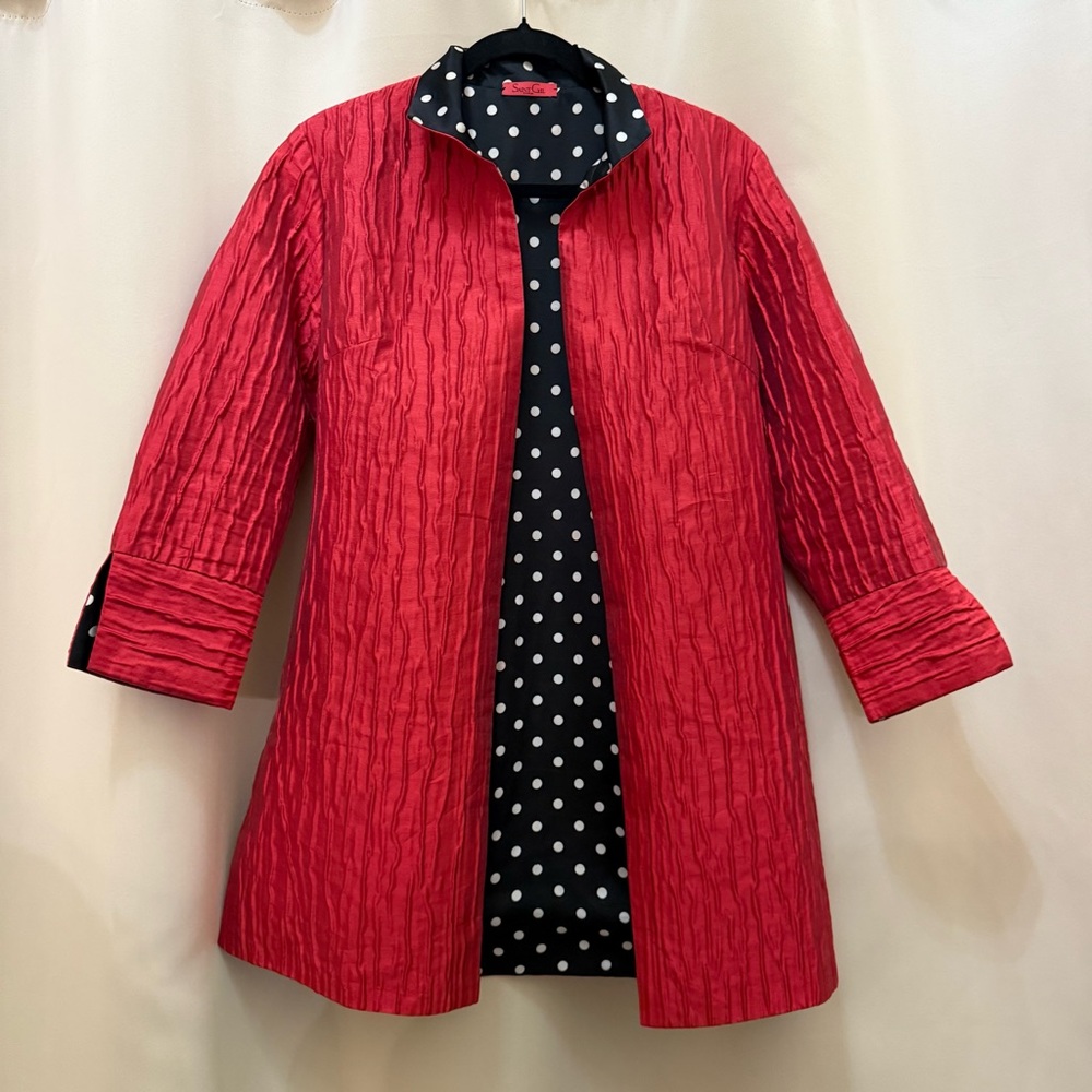 Saint Gil Paris Reversible Duster Coat Red Black Polka Dot Art Teacher Jacket - Picture 4 of 9
